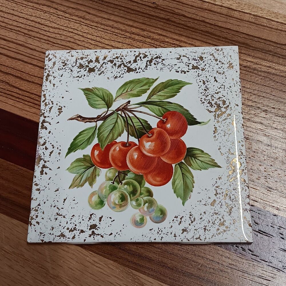 Vintage Red Cherry Branch Ceramic Tile Trivet 4x4" H & R Johnson Made In England